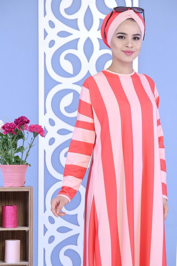 Çizgili Elbise Kırmızı - 03 5130 Kırmızı - 5130