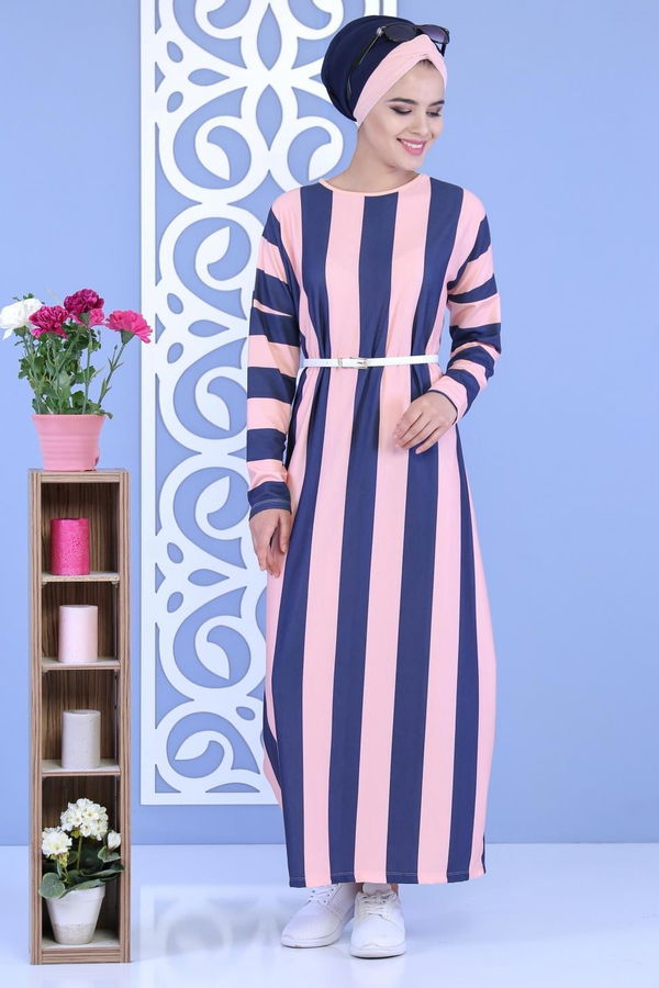 Çizgili Elbise Pudra - 03 5130 Pembe - 5130 PEMBE