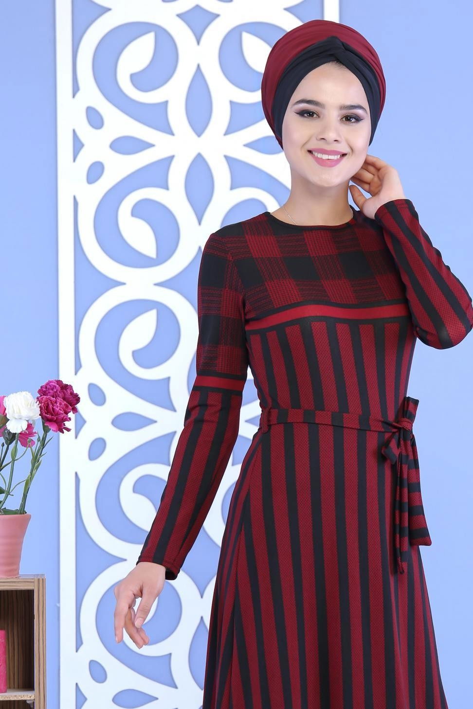 Çizgili Kuşaklı Elbise Bordo - 02 7111 Bordo - 7111