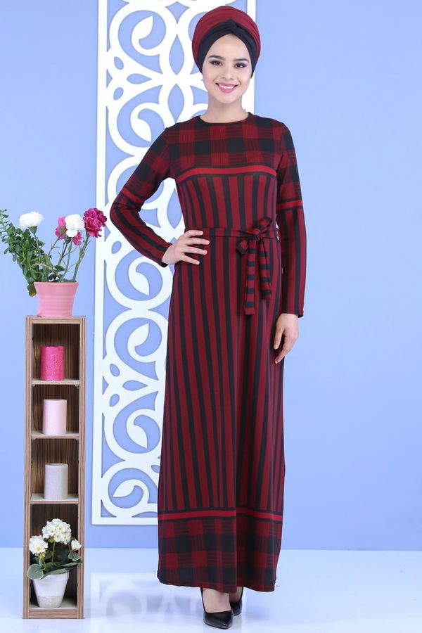Çizgili Kuşaklı Elbise Bordo - 02 7111 Bordo - 7111