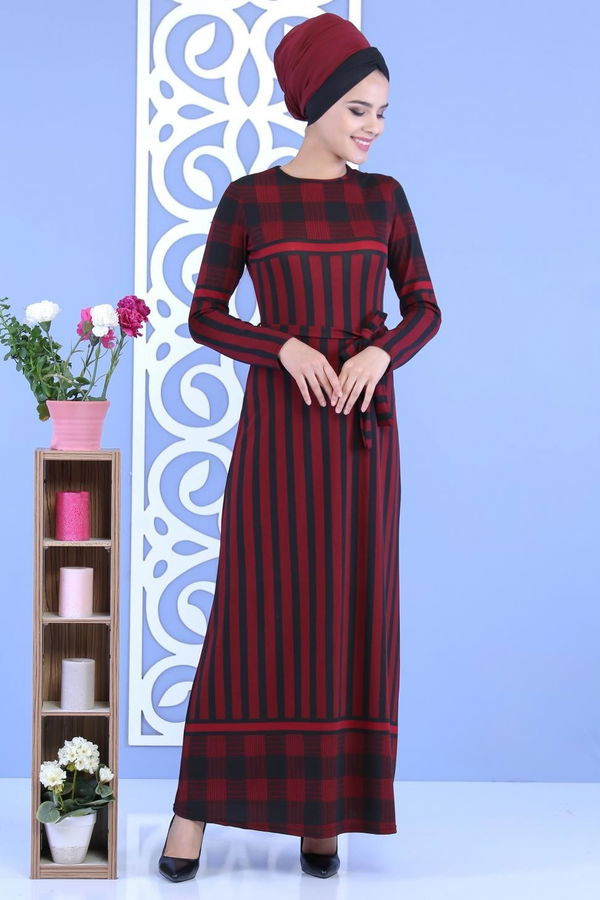 Çizgili Kuşaklı Elbise Bordo - 02 7111 Bordo - 7111