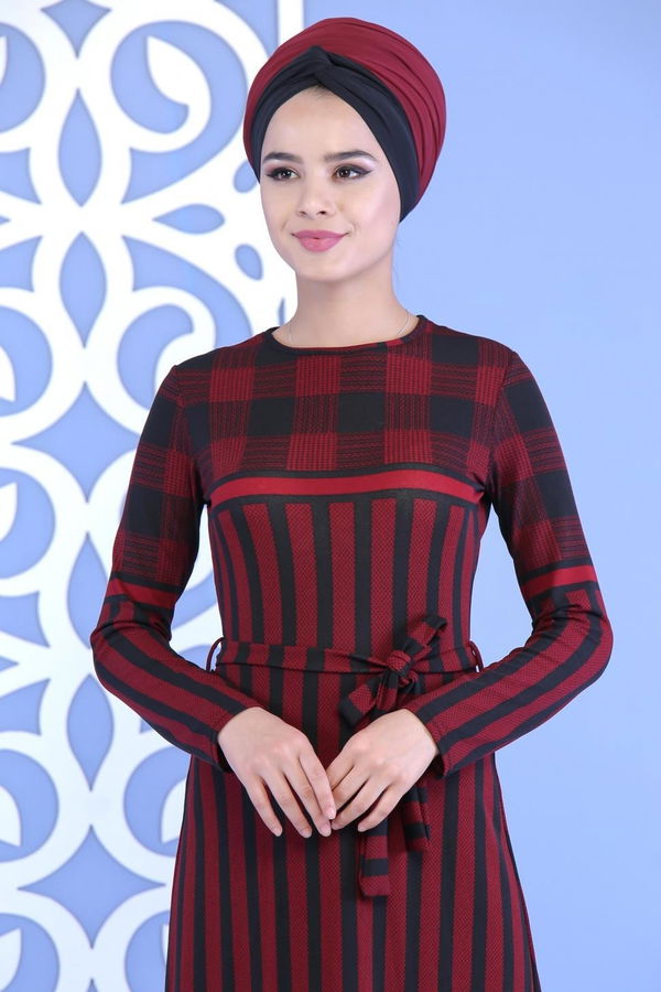 Çizgili Kuşaklı Elbise Bordo - 02 7111 Bordo - 7111