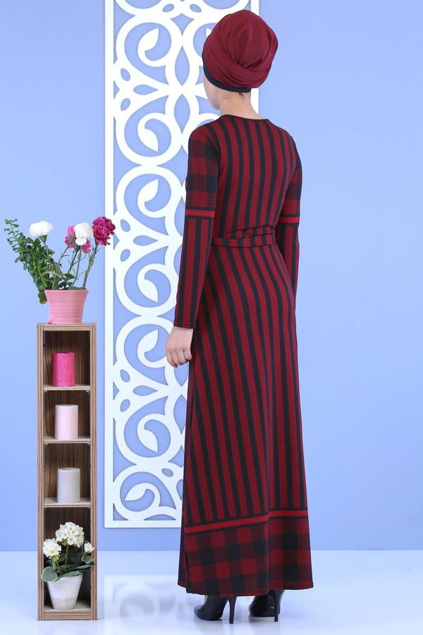Çizgili Kuşaklı Elbise Bordo - 02 7111 Bordo - 7111