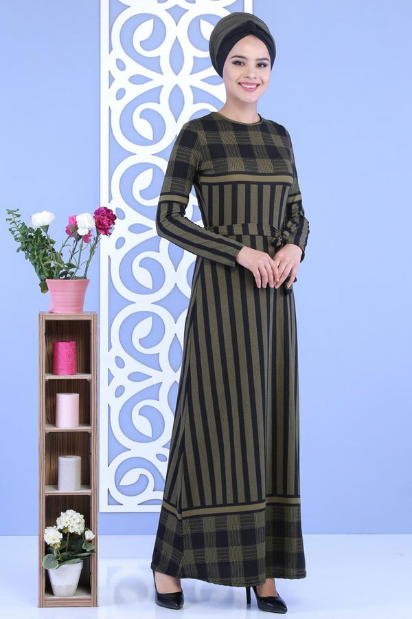 Çizgili Kuşaklı Elbise Haki - 02 7111 Haki - 7111