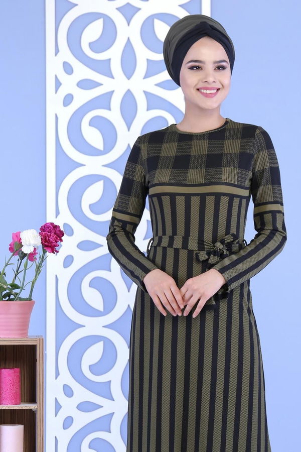 Çizgili Kuşaklı Elbise Haki - 02 7111 Haki - 7111