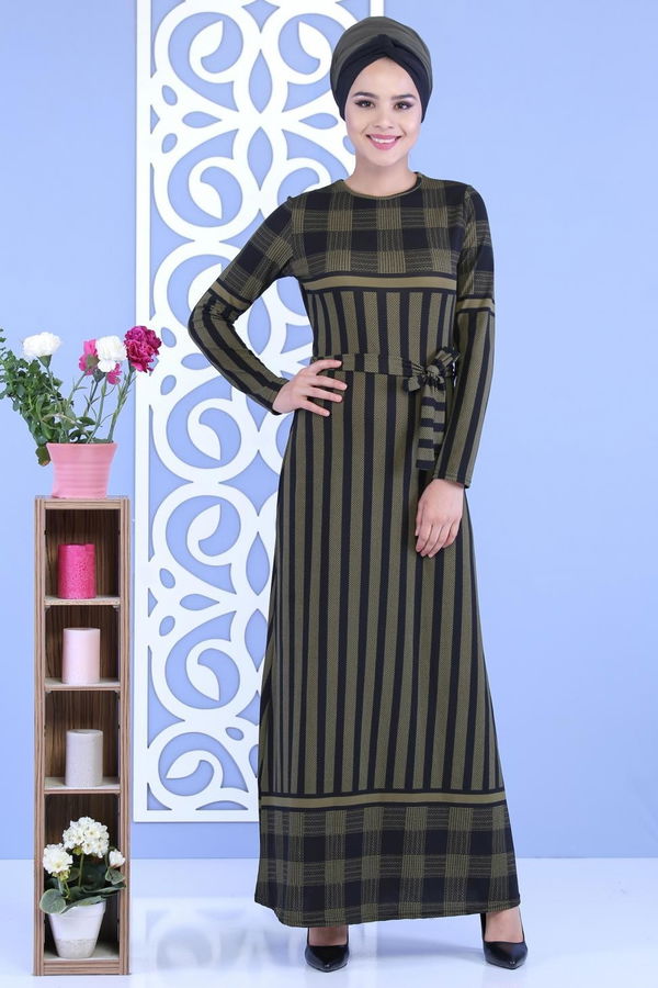 Çizgili Kuşaklı Elbise Haki - 02 7111 Haki - 7111