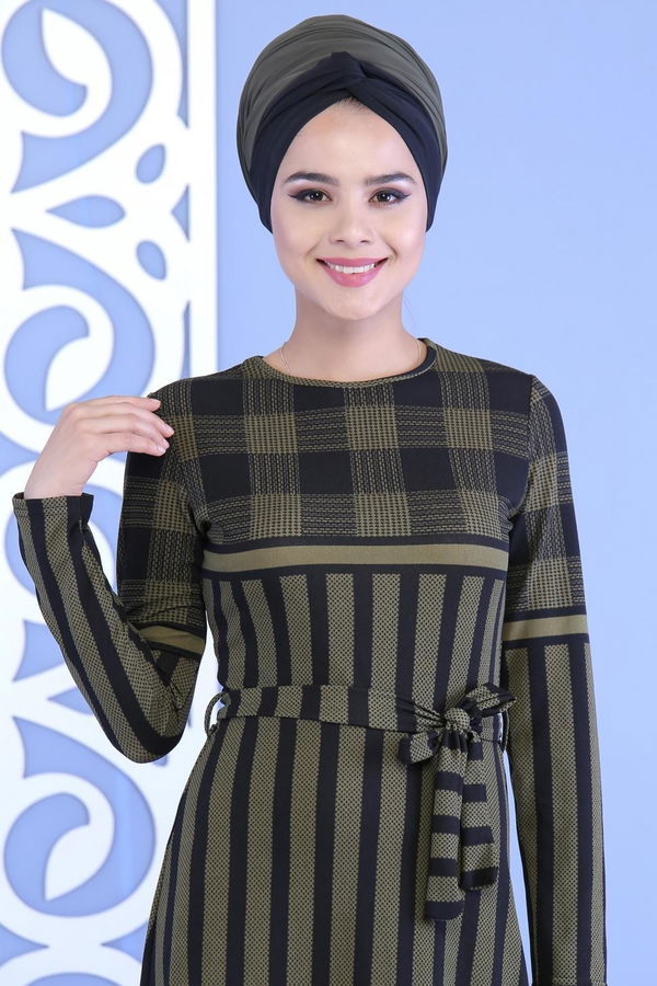 Çizgili Kuşaklı Elbise Haki - 02 7111 Haki - 7111