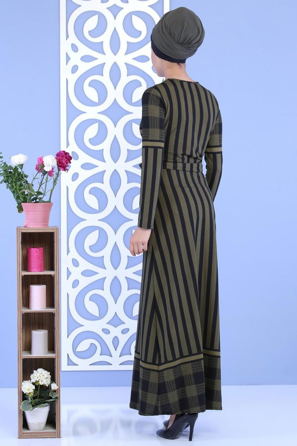 Çizgili Kuşaklı Elbise Haki - 02 7111 Haki - 7111