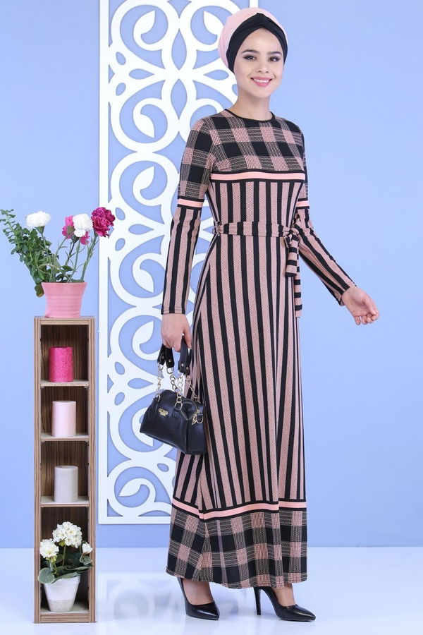 Çizgili Kuşaklı Elbise Pudra - 02 7111 Pembe - 7111 PEMBE