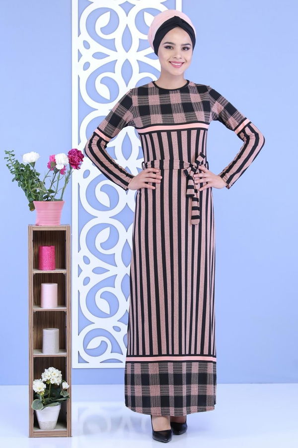 Çizgili Kuşaklı Elbise Pudra - 02 7111 Pembe - 7111 PEMBE