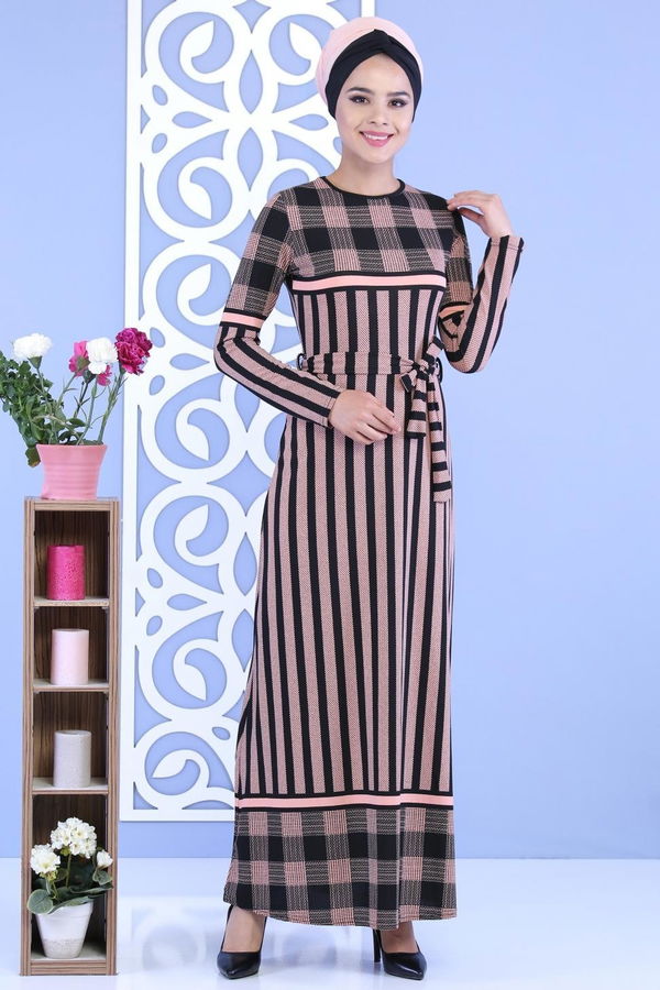 Çizgili Kuşaklı Elbise Pudra - 02 7111 Pembe - 7111 PEMBE