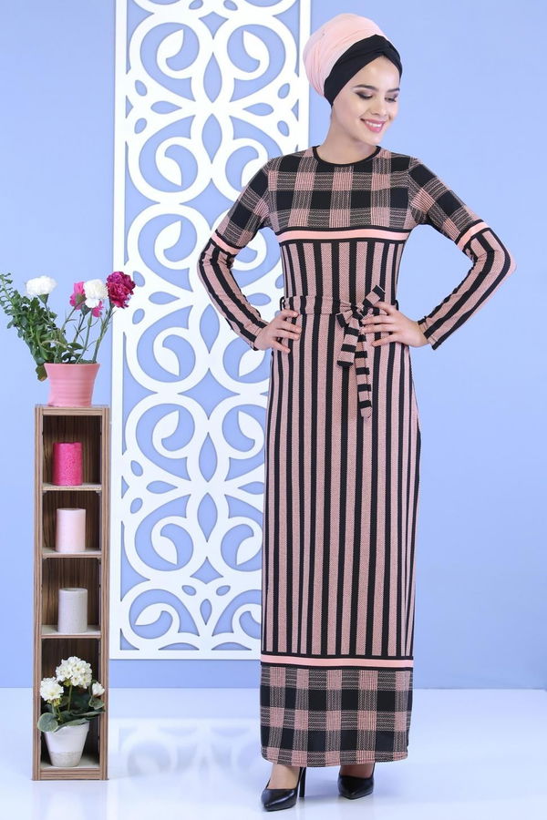 Çizgili Kuşaklı Elbise Pudra - 02 7111 Pembe - 7111 PEMBE
