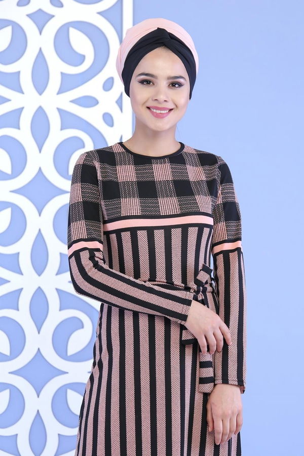 Çizgili Kuşaklı Elbise Pudra - 02 7111 Pembe - 7111 PEMBE