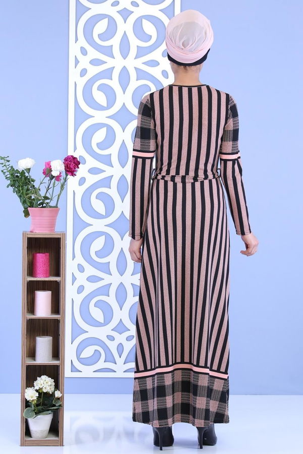 Çizgili Kuşaklı Elbise Pudra - 02 7111 Pembe - 7111 PEMBE