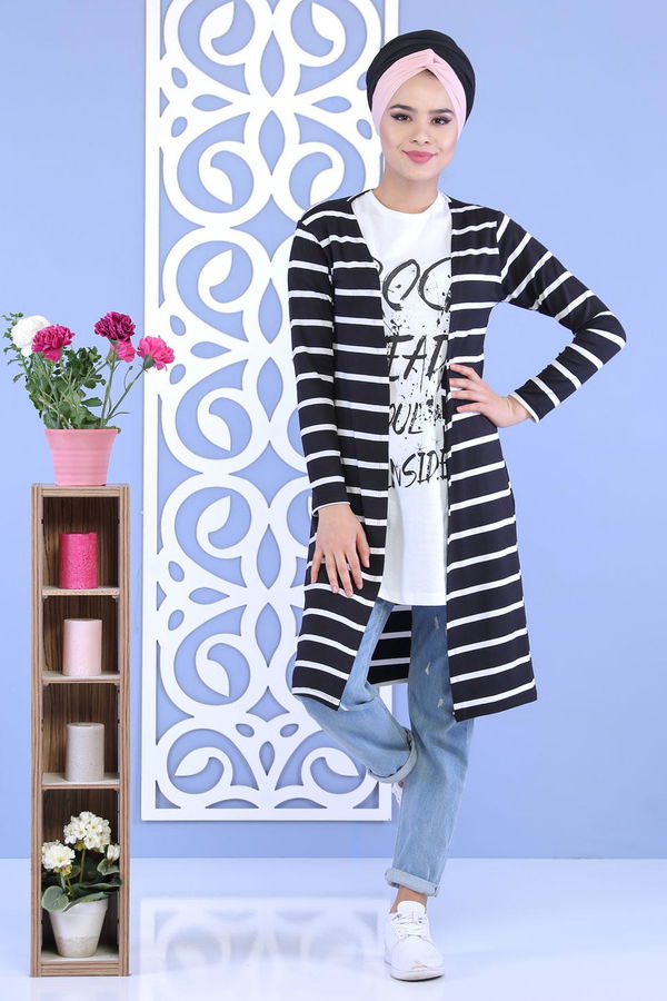 Çizgili Hırka T shirt Takım Siyah - 02 5129 Siyah - 5129