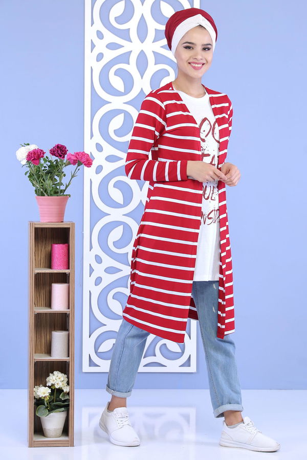 Çizgili Hırka T shirt Takım Bordo - 02 5129 Bordo - 5129