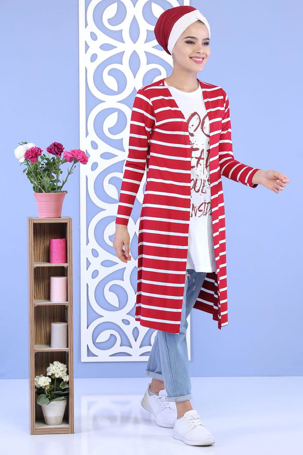 Çizgili Hırka T shirt Takım Bordo - 02 5129 Bordo - 5129