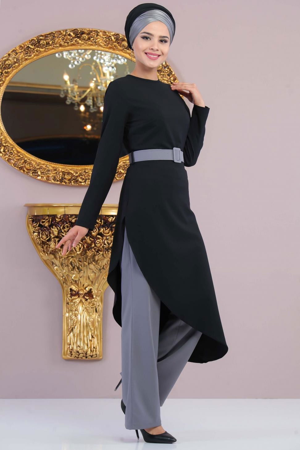 Tunik Pantolon Kemer Gri Vizon Siyah - 1146 SİYAH