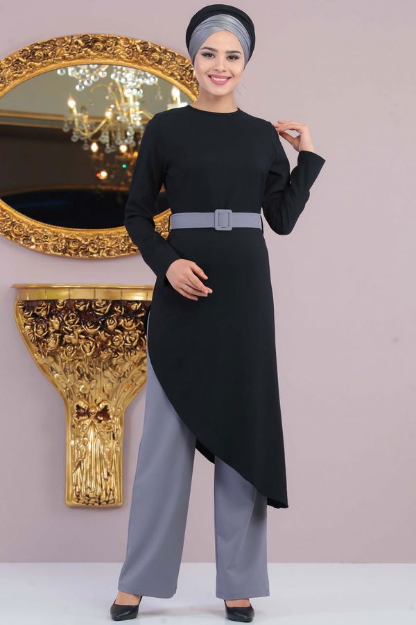 Tunik Pantolon Kemer Gri Vizon Siyah - 1146 SİYAH