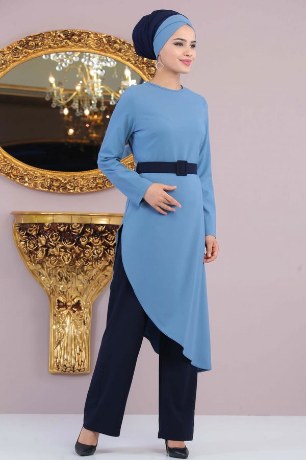 Tunik Pantolon Kemer Gri Vizon Mavi - 1146