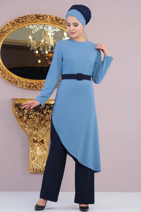 Tunik Pantolon Kemer Gri Vizon Mavi - 1146