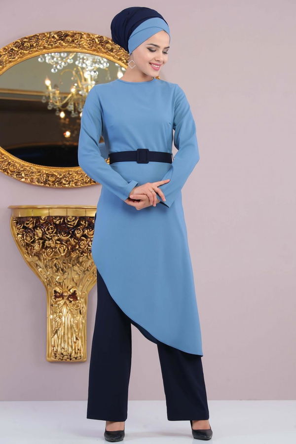 Tunik Pantolon Kemer Gri Vizon Mavi - 1146