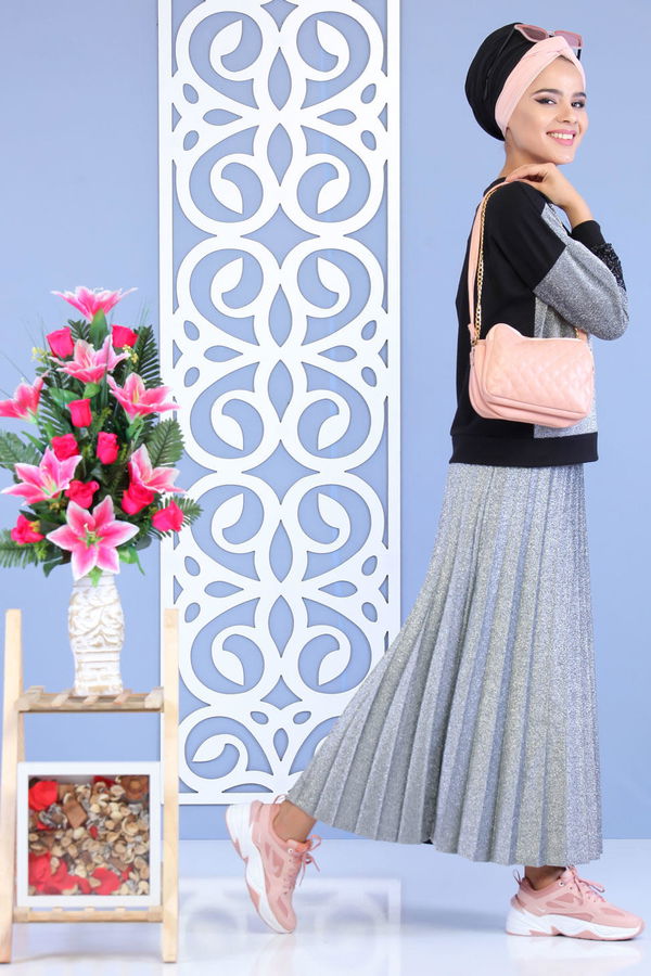 Piliseli Tunik & Etek Takımı Siyah - 02 7165 Siyah - 7165