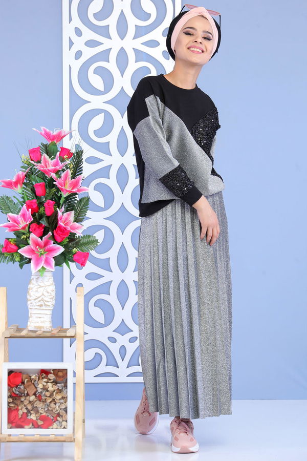 Piliseli Tunik & Etek Takımı Siyah - 02 7165 Siyah - 7165
