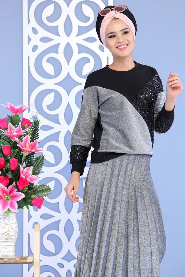 Piliseli Tunik & Etek Takımı Siyah - 02 7165 Siyah - 7165