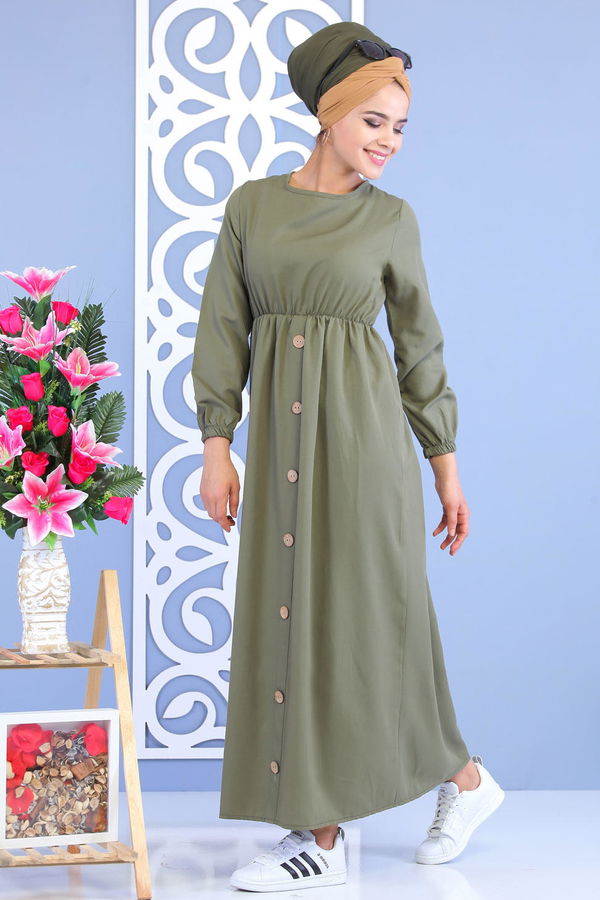 Dügme Detay Elbise Siyah Haki - 7160