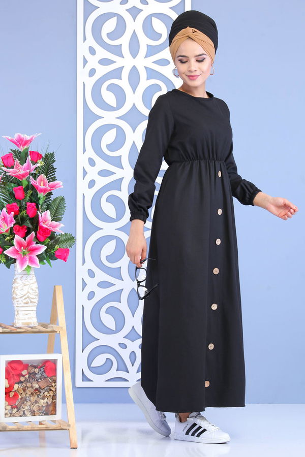 Dügme Detay Elbise Siyah Siyah - 7160