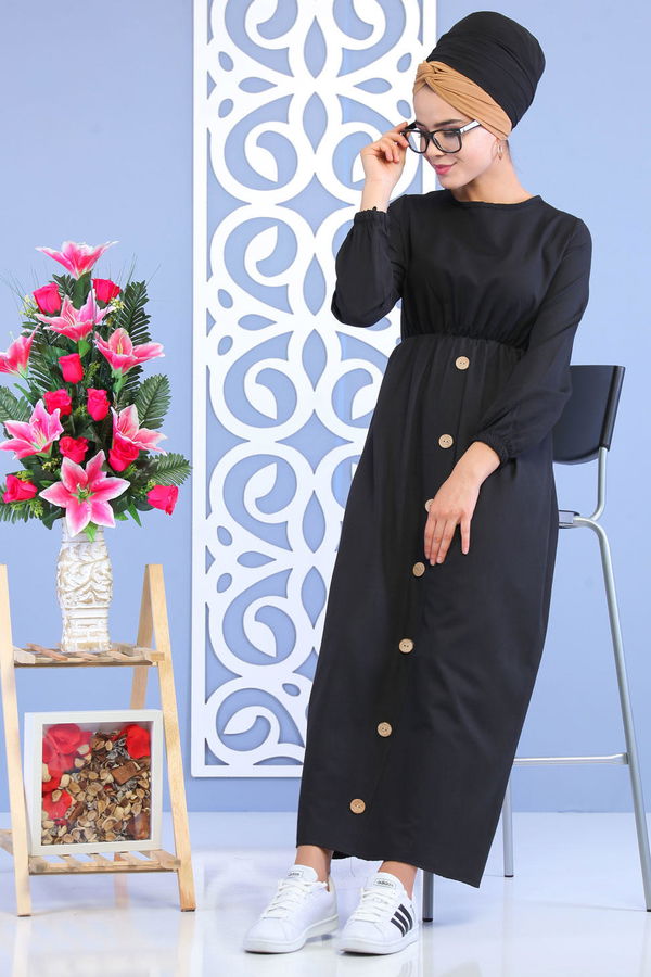 Dügme Detay Elbise Siyah Siyah - 7160
