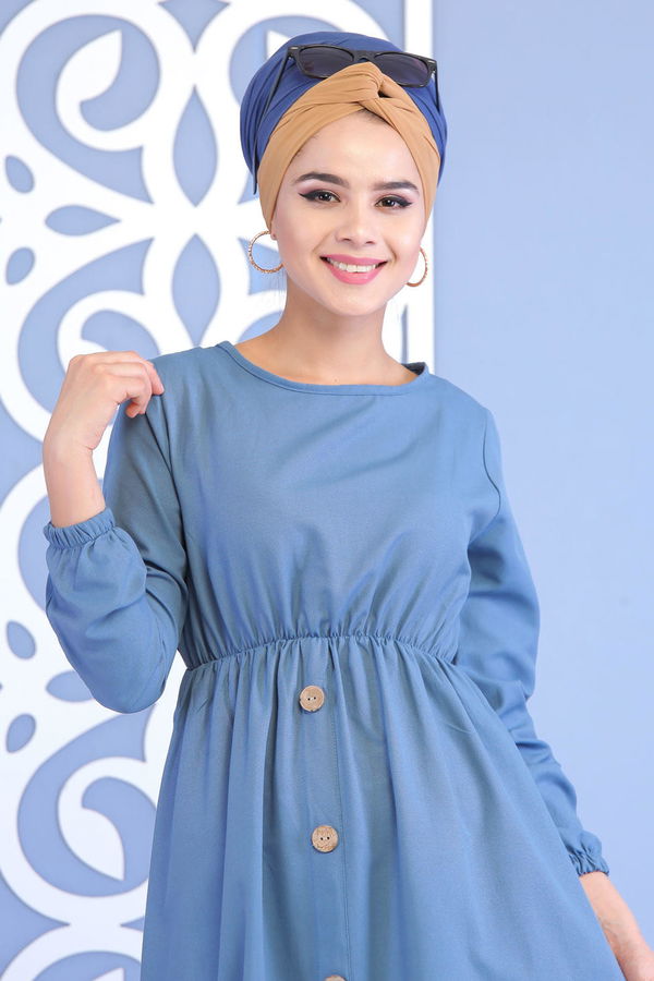 Dügme Detay Elbise Siyah Mavi - 7160