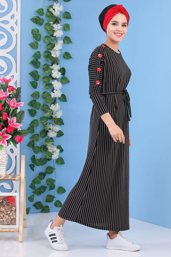 Çizgili Elbise Siyah - 02 7173 Siyah - 7173