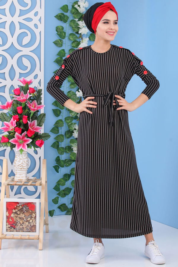 Çizgili Elbise Siyah - 02 7173 Siyah - 7173
