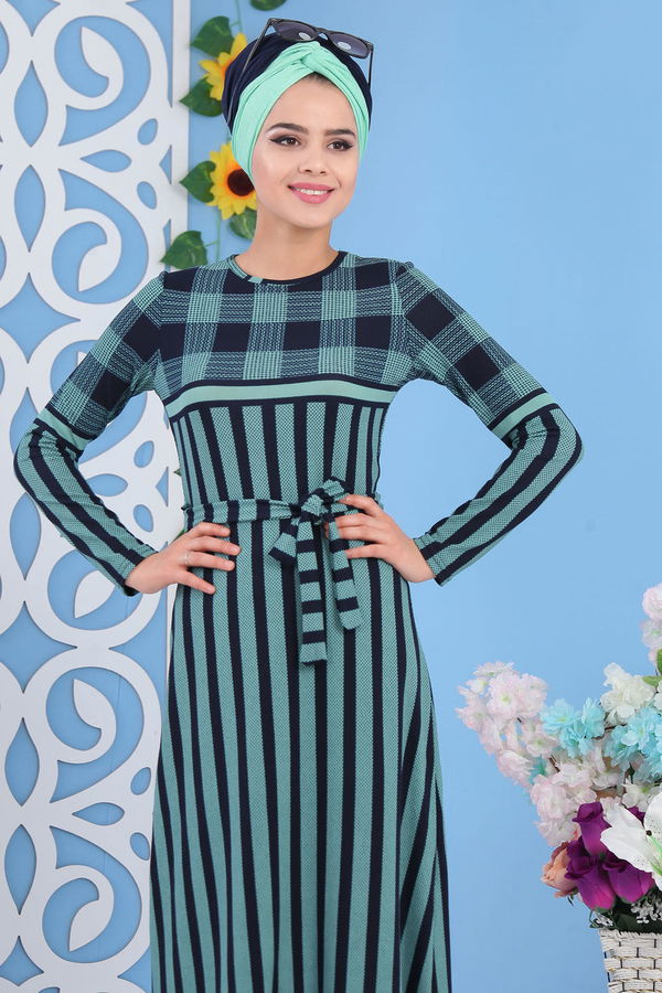 Çizgili Kuşaklı Elbise Yeşil - 02 7111 Yeşil - 7111
