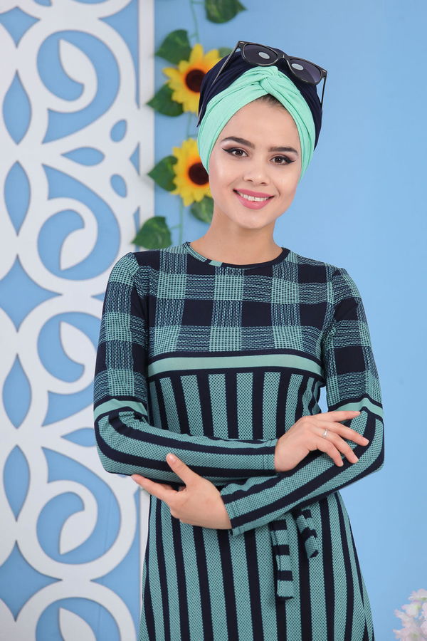 Çizgili Kuşaklı Elbise Yeşil - 02 7111 Yeşil - 7111