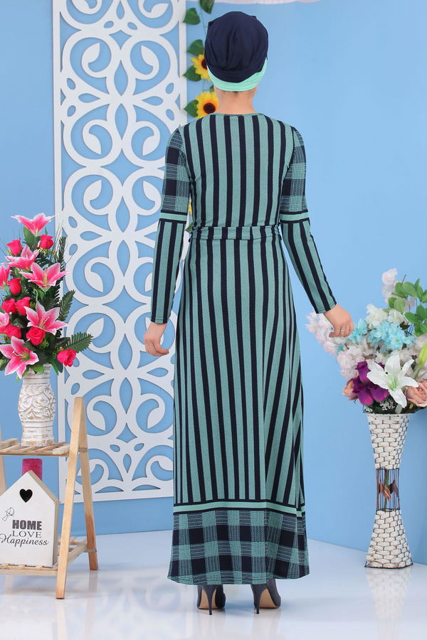 Çizgili Kuşaklı Elbise Yeşil - 02 7111 Yeşil - 7111