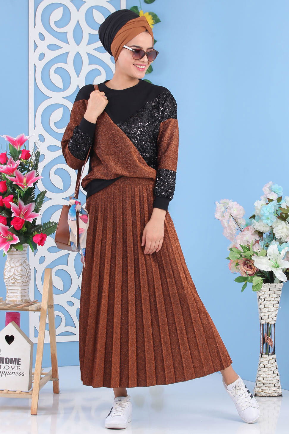 Piliseli Tunik & Etek Takımı - Taba - 02 7165 Taba - 7165