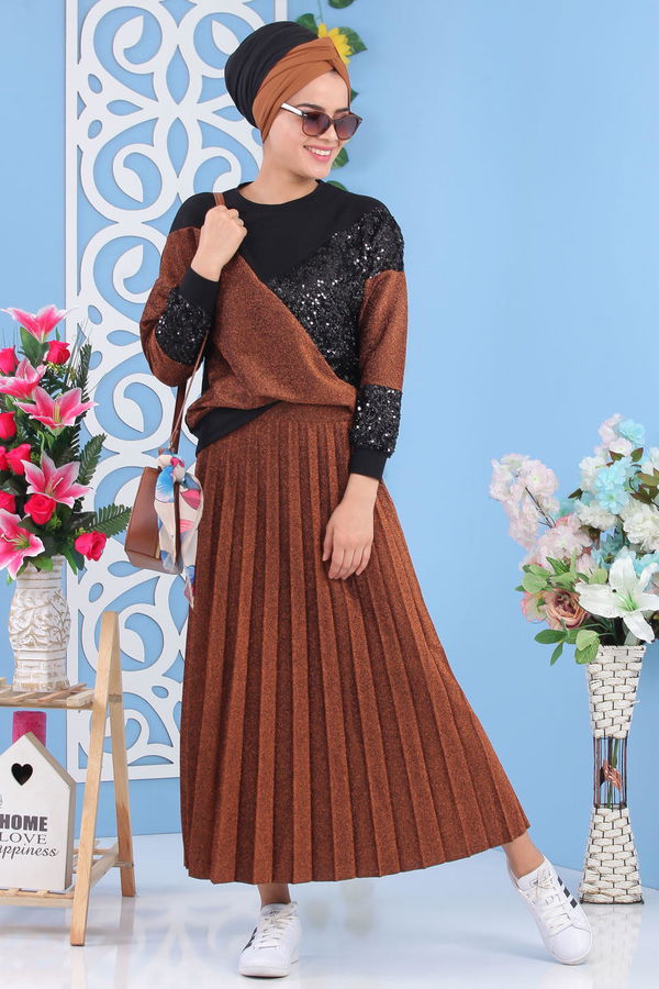 Piliseli Tunik & Etek Takımı - Taba - 02 7165 Taba - 7165