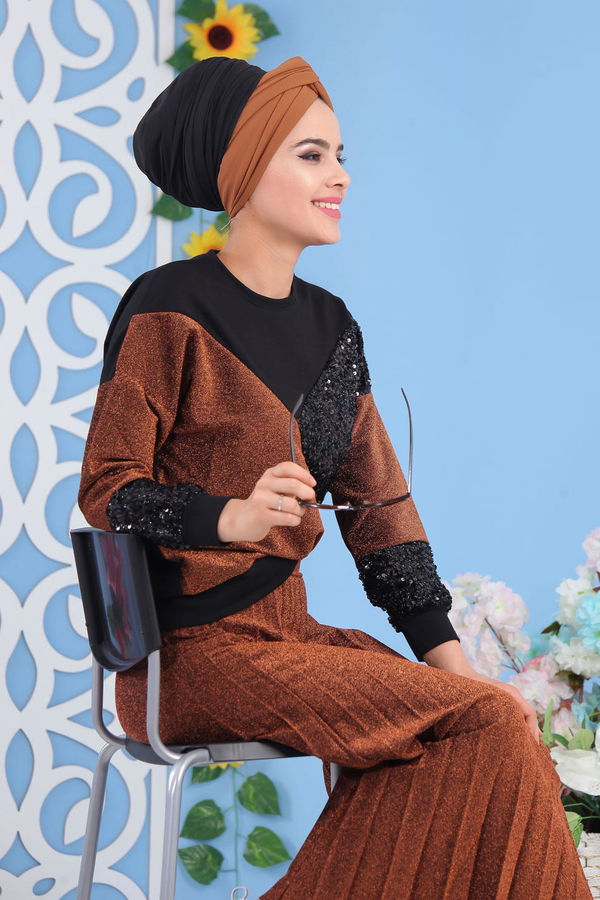 Piliseli Tunik & Etek Takımı - Taba - 02 7165 Taba - 7165