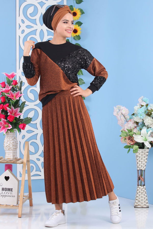 Piliseli Tunik & Etek Takımı - Taba - 02 7165 Taba - 7165