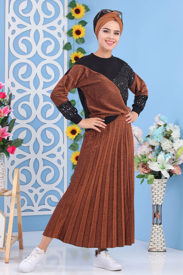 Piliseli Tunik & Etek Takımı - Taba - 02 7165 Taba - 7165