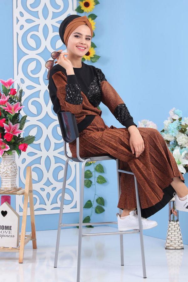 Piliseli Tunik & Etek Takımı - Taba - 02 7165 Taba - 7165