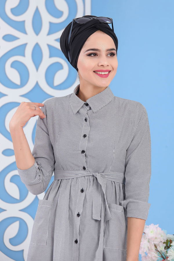Çizgili Elbise Gri - 02 7231 Gri - 7231