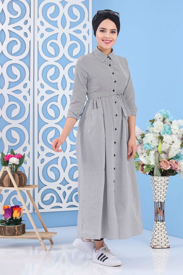 Çizgili Elbise Gri - 02 7231 Gri - 7231