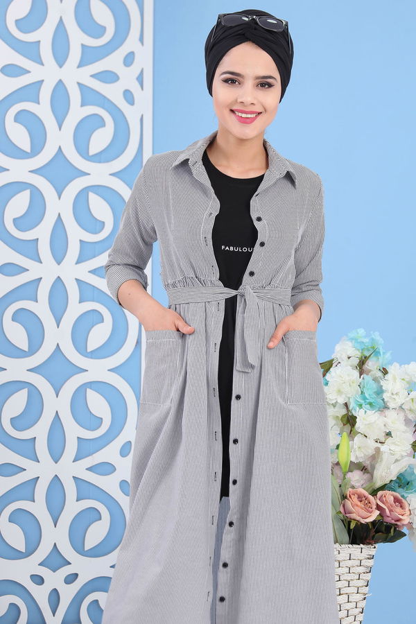Çizgili Elbise Gri - 02 7231 Gri - 7231