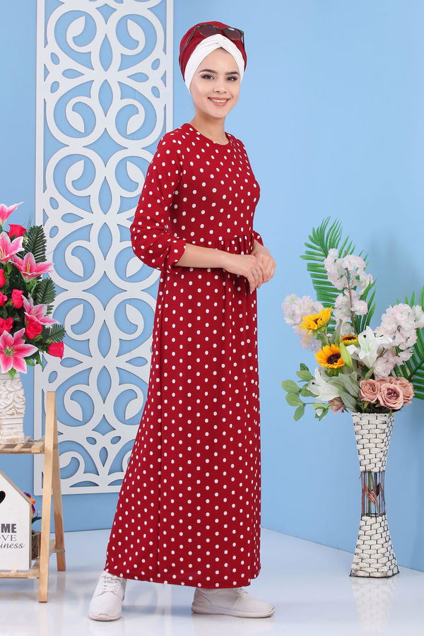 Puantiyeli Elbise Siyah Bordo - 6655