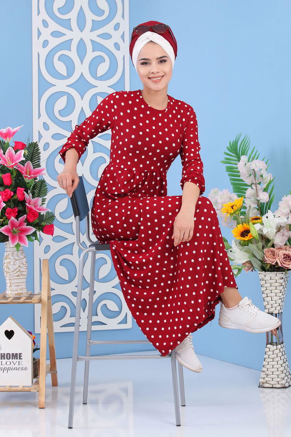 Puantiyeli Elbise Siyah Bordo - 6655