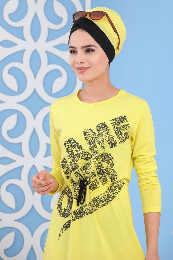 Baskılı Elbise Siyah Sarı - 5137